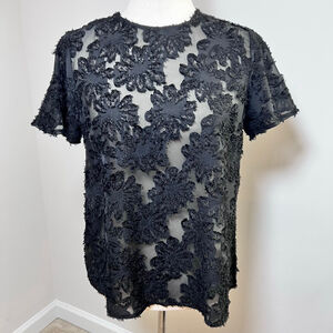 Womens Top Black Sheer Mesh Floral Whimsigoth Dark Romantic Fairy Vamp Feminine